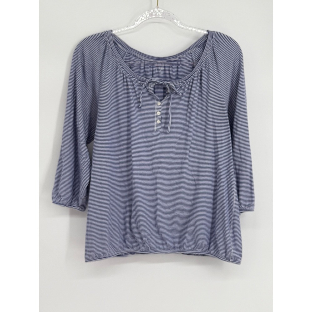 Ann Taylor LOFT Blue White Striped Henley Blouson Top 3/4 Sleeve Sz M